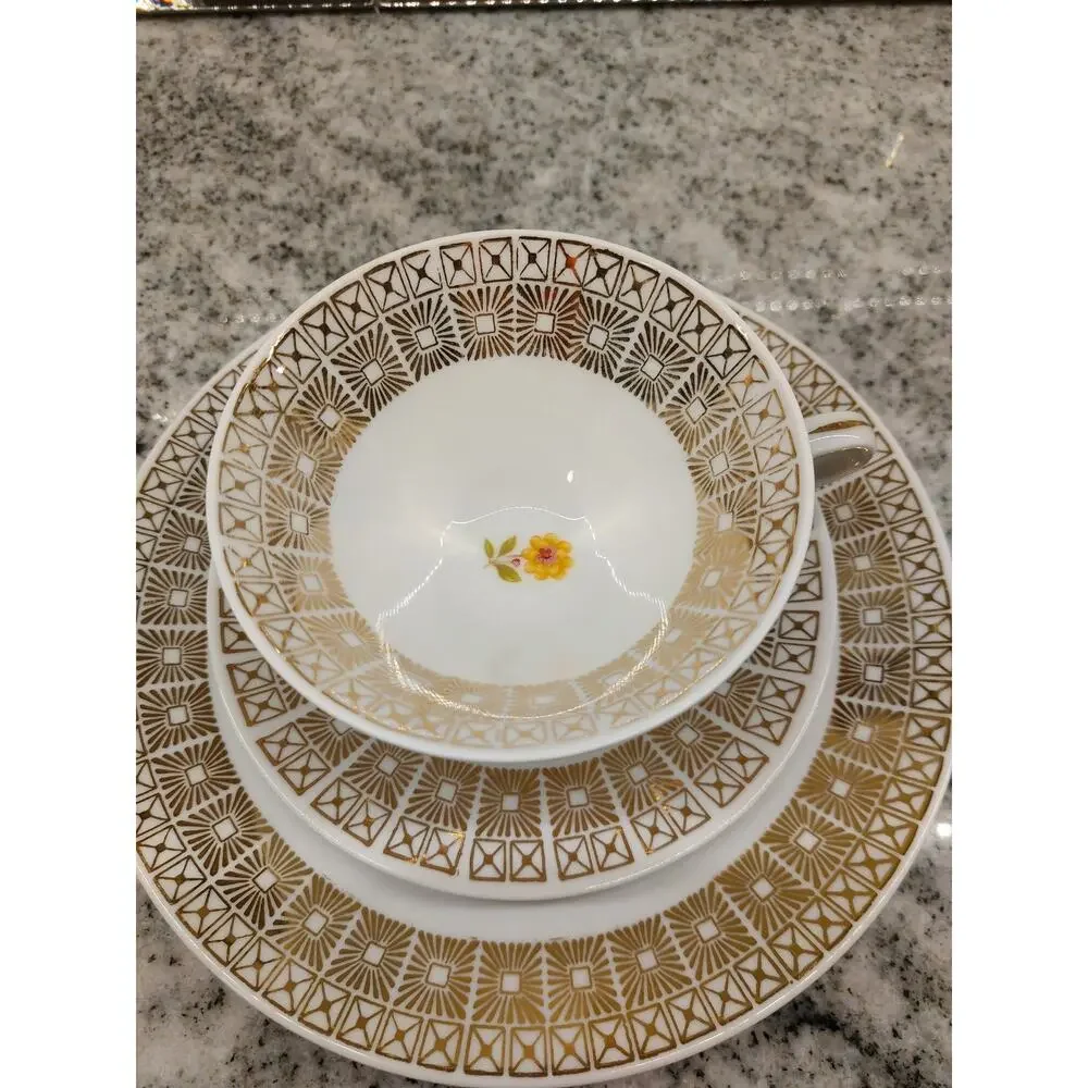 Bareuther Waldsassen Bavaria Gold Porcelain Tea Cup Saucer Plate Trio Set 22K